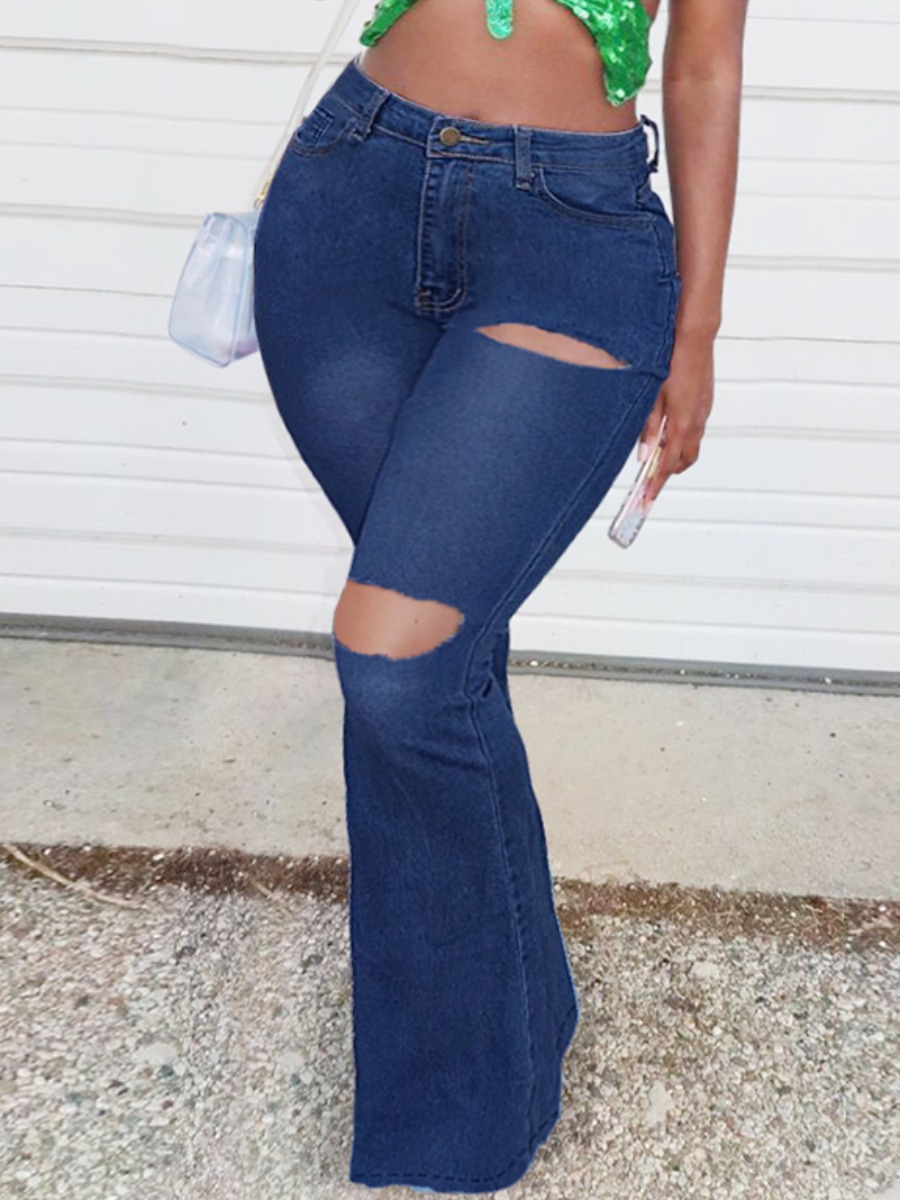 

LW Plus Size Stretch Ripped Flared Jeans, Deep blue