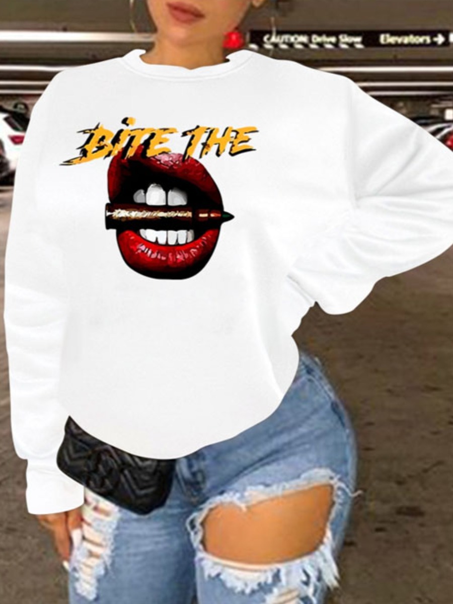 

LW Plus Size Lip Letter Print Hoodie, White