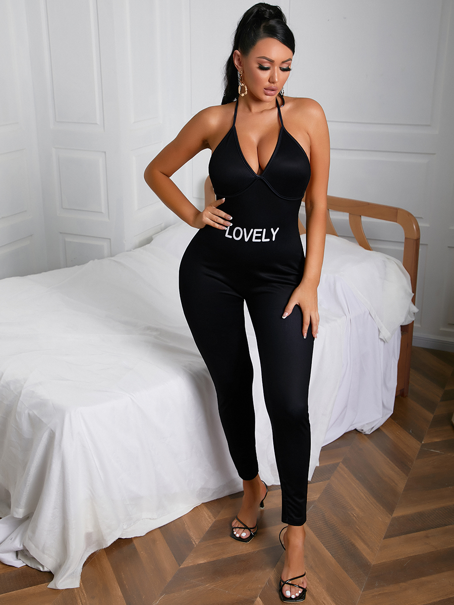 

LW Letter Print Rib-Knit One-piece Jumpsuit, Black