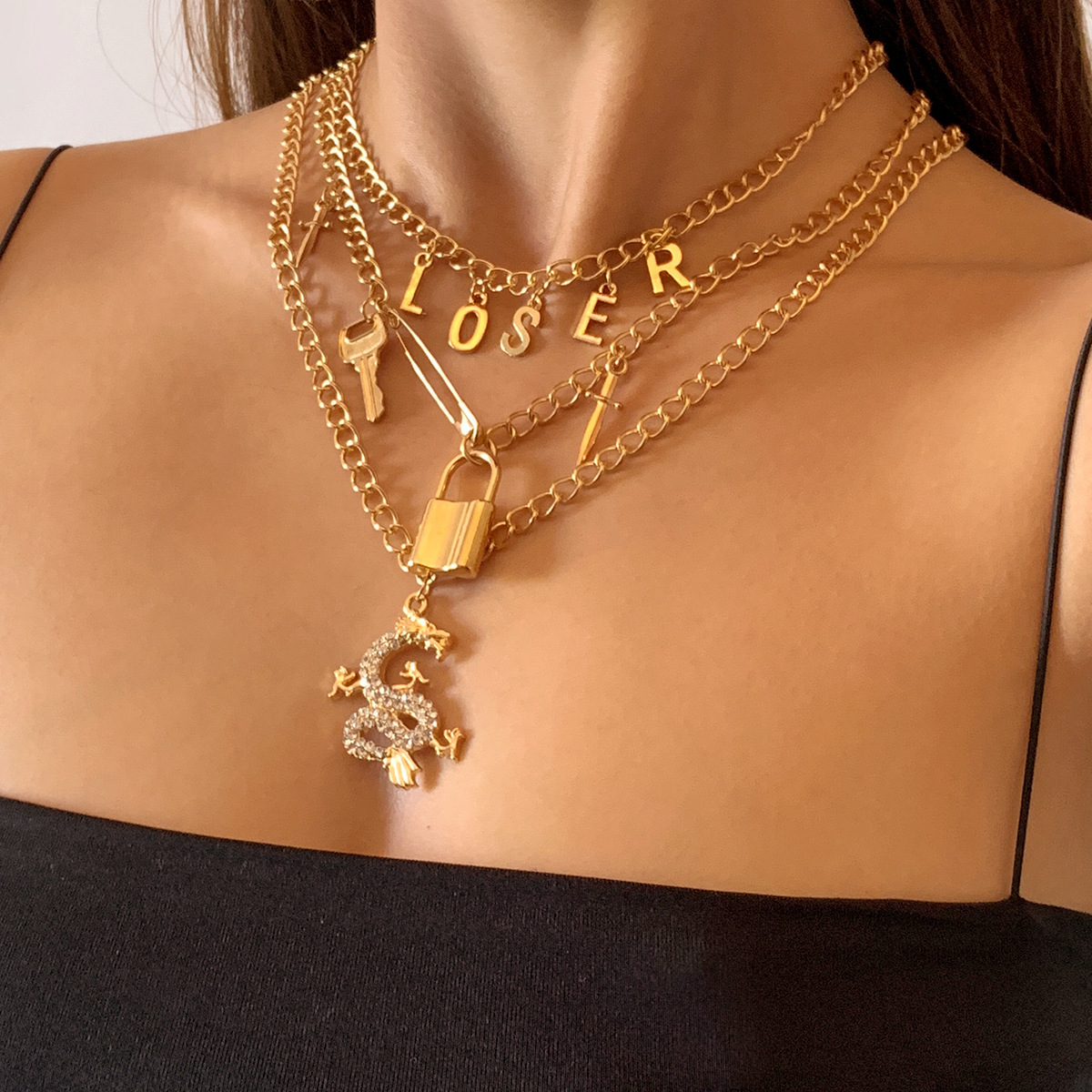 

LW Letter Key Lock Multilayer Necklace, Gold