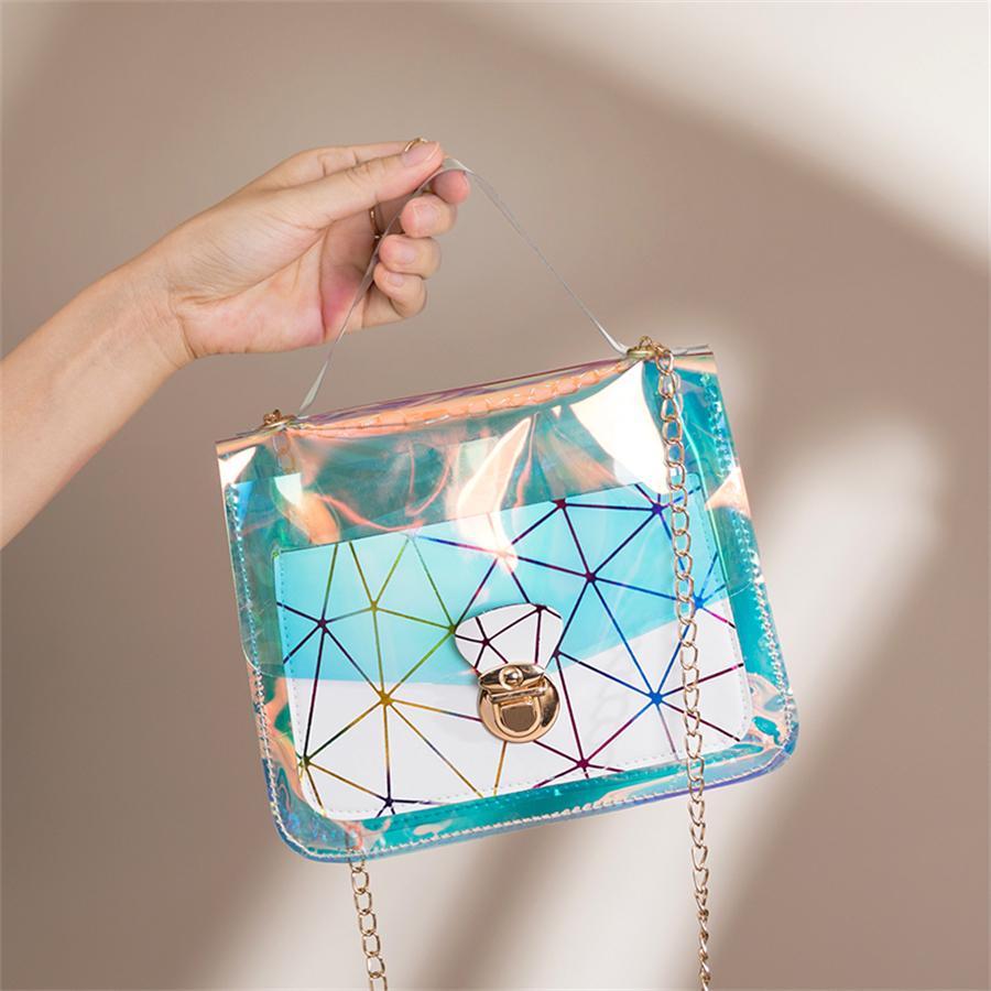 

LW Geometric Print See-through Chain Strap Crossbody Bag, White stripe