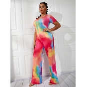 LW Casual V Neck Tie-dye Red One-piece Jumpsuit