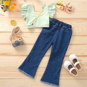

Lovely Girl Floral Print Flounce Design Flared Two Piece Pants Set, Blue