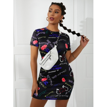 

Lovely Round Neck Letter Print Bodycon Dress, Black