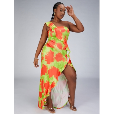 

Lovely Plus Size One Shoulder Print Flounce Design Dress, Grass green