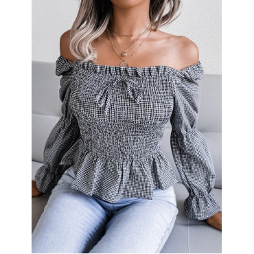 

LW Off The Shoulder Shirred Flounce Design Blouse, Black
