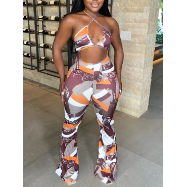 

LW Street Mixed Print Hollow-out Ocher One-piece Jumpsuit