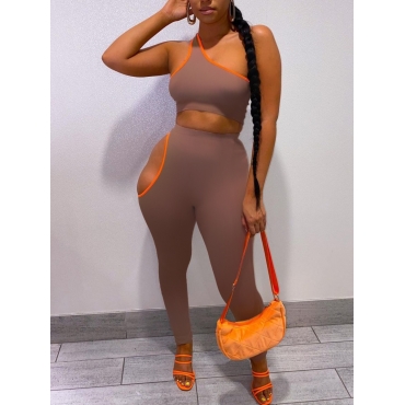 

LW One Shoulder Hollow-out Two Piece Pants Set, Coffee