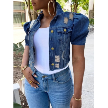 

LW Plus Size Street Ripped Ruffle Design Deep Blue Denim Coat