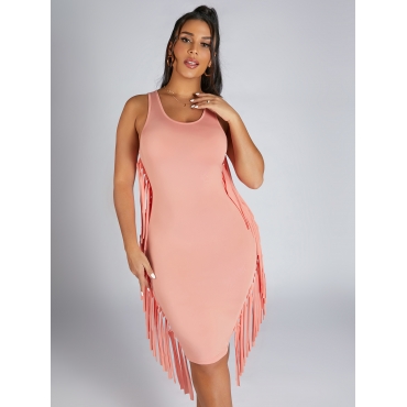 

LW Casual U Neck Tassel Design Pink Knee Length Dress