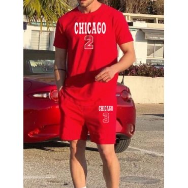 

Lovely Men Casual Round Neck Letter Print Red Two Piece Shorts Set