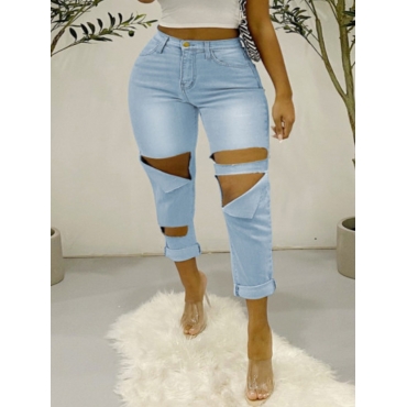 

Lovely Plus Size Mid Waist Ripped Jeans, Baby blue