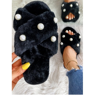 

Lovely Casual Fluffy Pearl Decoration Black Slippers