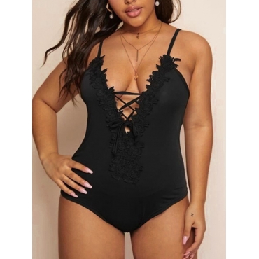 

Lovely Plus Size Floral Decoration Bandage Design Bodysuit, Black