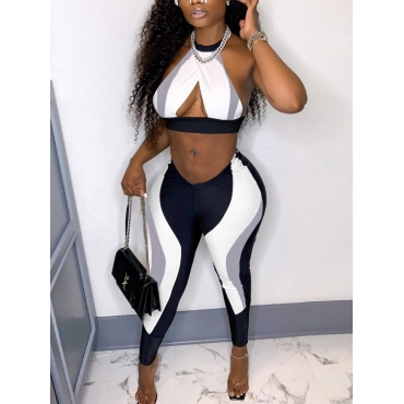 

LW Color-lump Backless Two Piece Pants Set, Black