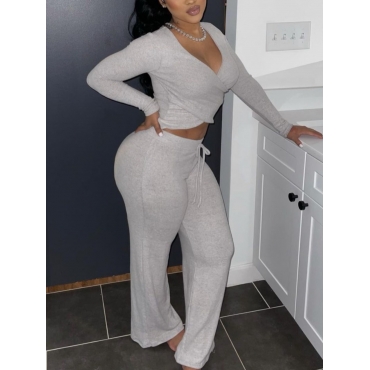 

LW Cross-over Design Drawstring Two Piece Pants Set, Grey