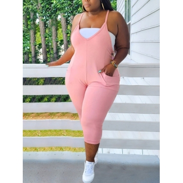 

LW BASICS Plus Size Backless Pocket Design Cami One-piece Jumpsuit, Light pink