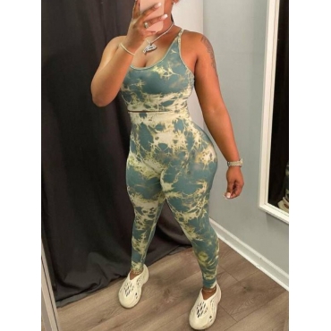 

LW U Neck Tie-dye Two Piece Pants Set, Green