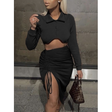 

LW Crop Top Drawstring Two Piece Skirt Set, Black