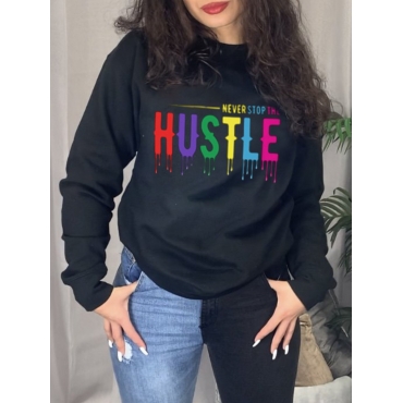 

LW Round Neck Letter Print Oversized Hoodie, Black