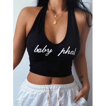 

LW SXY Letter Print Backless Camisole, Black