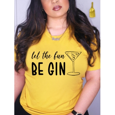 

Lovely Cocktail Glass Letter Print T-shirt, Yellow