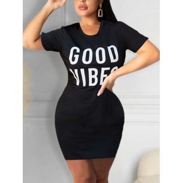 

LW Round Neck Letter Print Bodycon Dress, Black