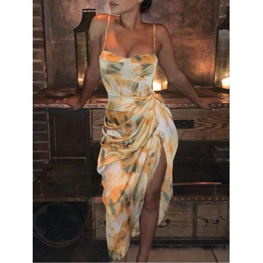 

Lovely Fold Design Slit Cami Prom Dress, Yellow