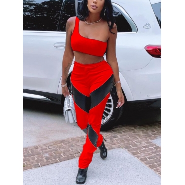 

LW One Shoulder Basic Skinny Pants Set, Red