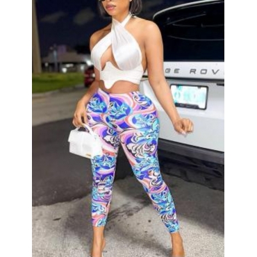 

Lovely Mixed Print Basic Skinny Pants, Blue
