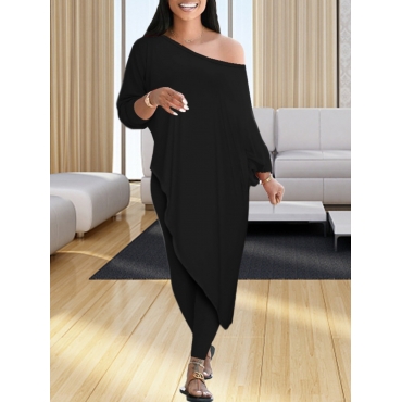 

LW Plus Size Boat Neck Asymmetrical Pants Set, Black