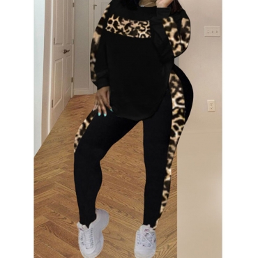 

LW Plus Size Round Neck Leopard Print Pants Set, Black