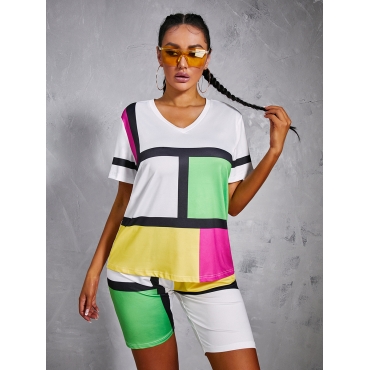 

LW BASICS Plus Size Color-lump Patchwork Two-piece Shorts Set, White