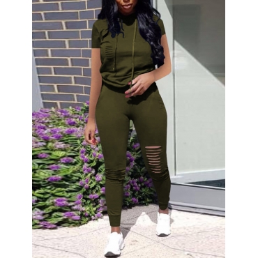 

Lovely Casual Hooded Collar Tear Black Green Two Piece Pants Set