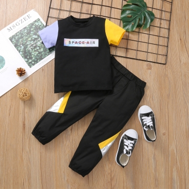 

LW COTTON Boy Color-lump Letter Print Two Piece Pants Set, Black