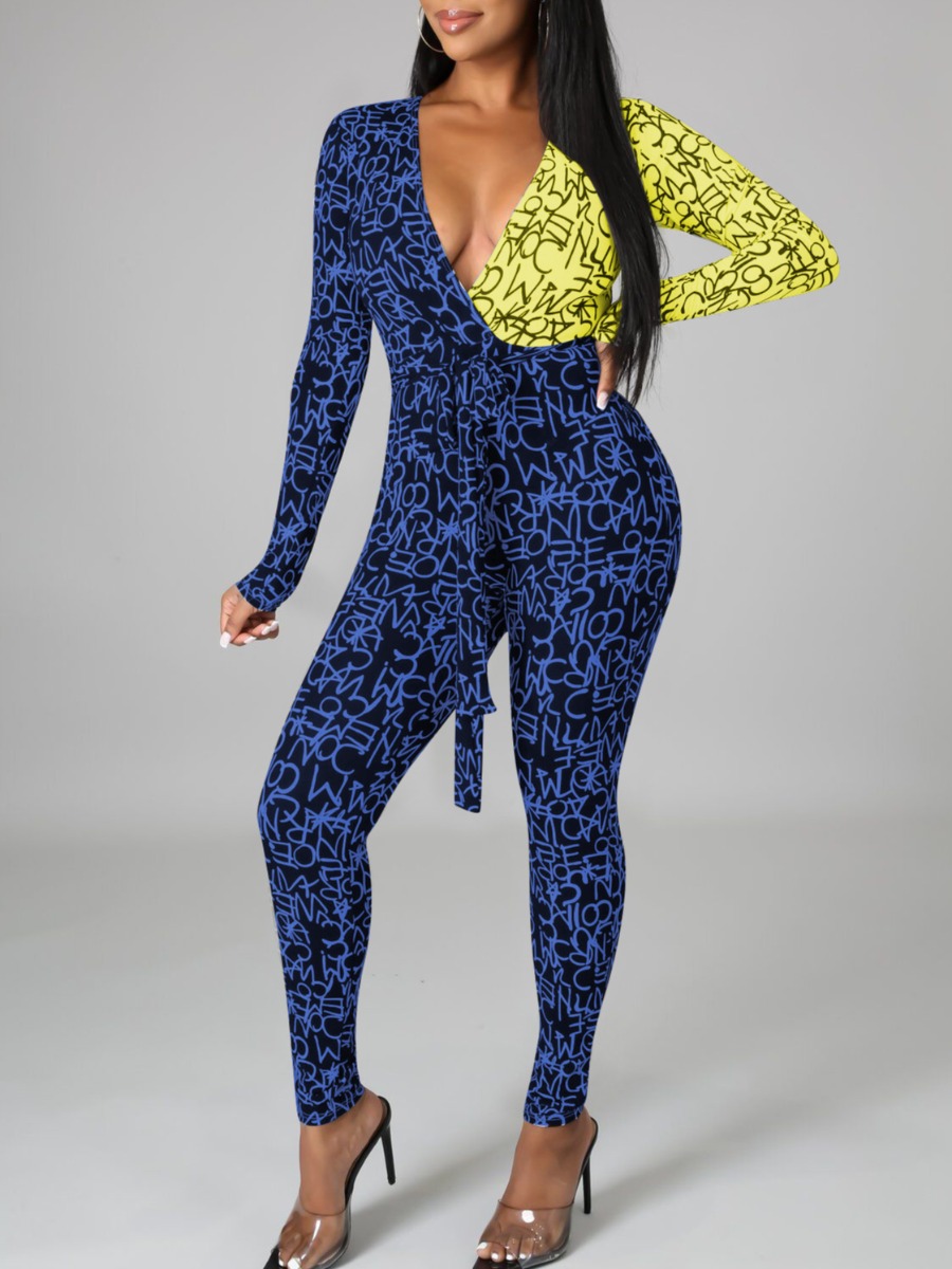 

Lovely Animal Print Basic Skinny Jumpsuit, Blue