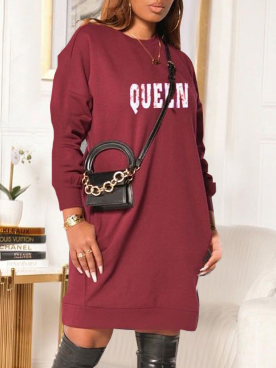 

LW Dropped Shoulder Letter Print Sweater Dress, Wine red