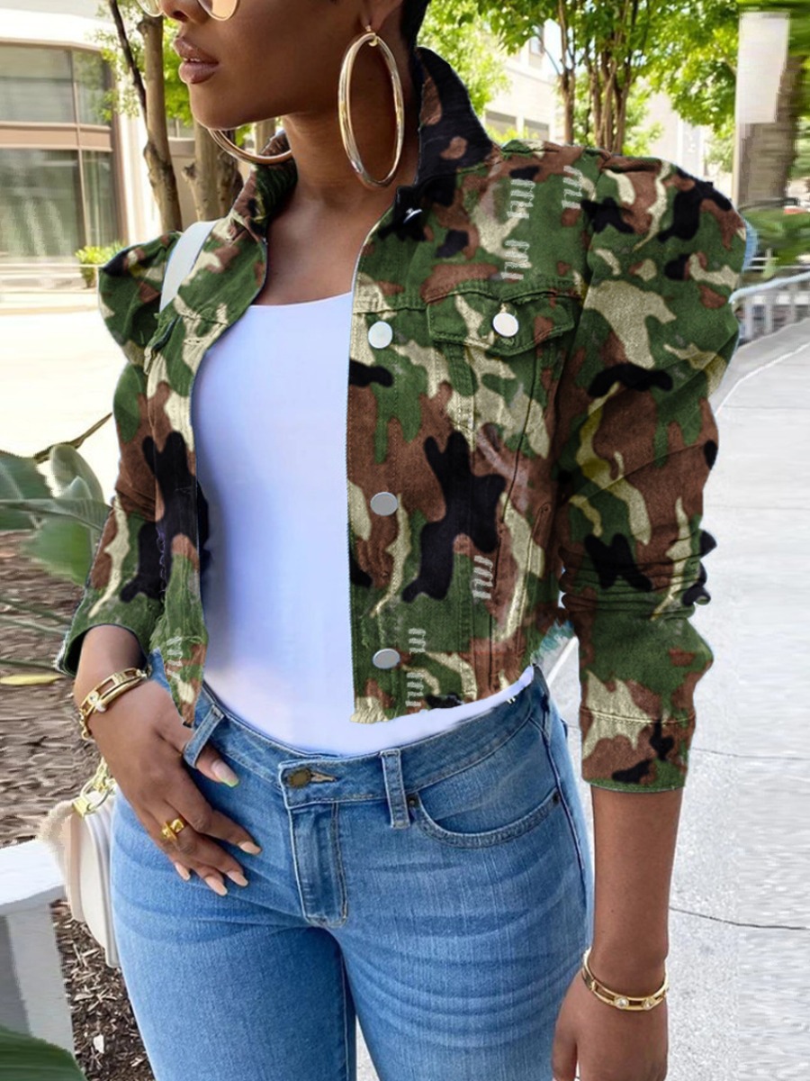 

LW Camo Print Puff Sleeve Denim Jacket (No Stretch)