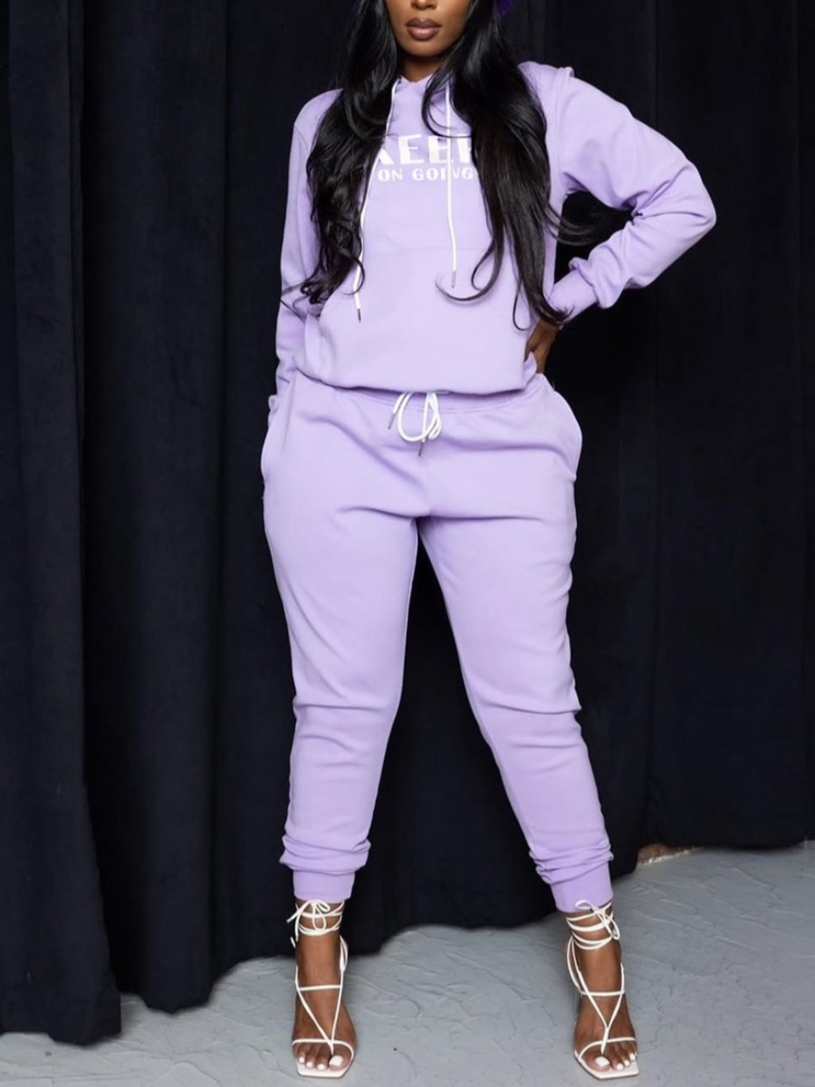 

LW Hooded Collar Letter Print Pants Set, Purple