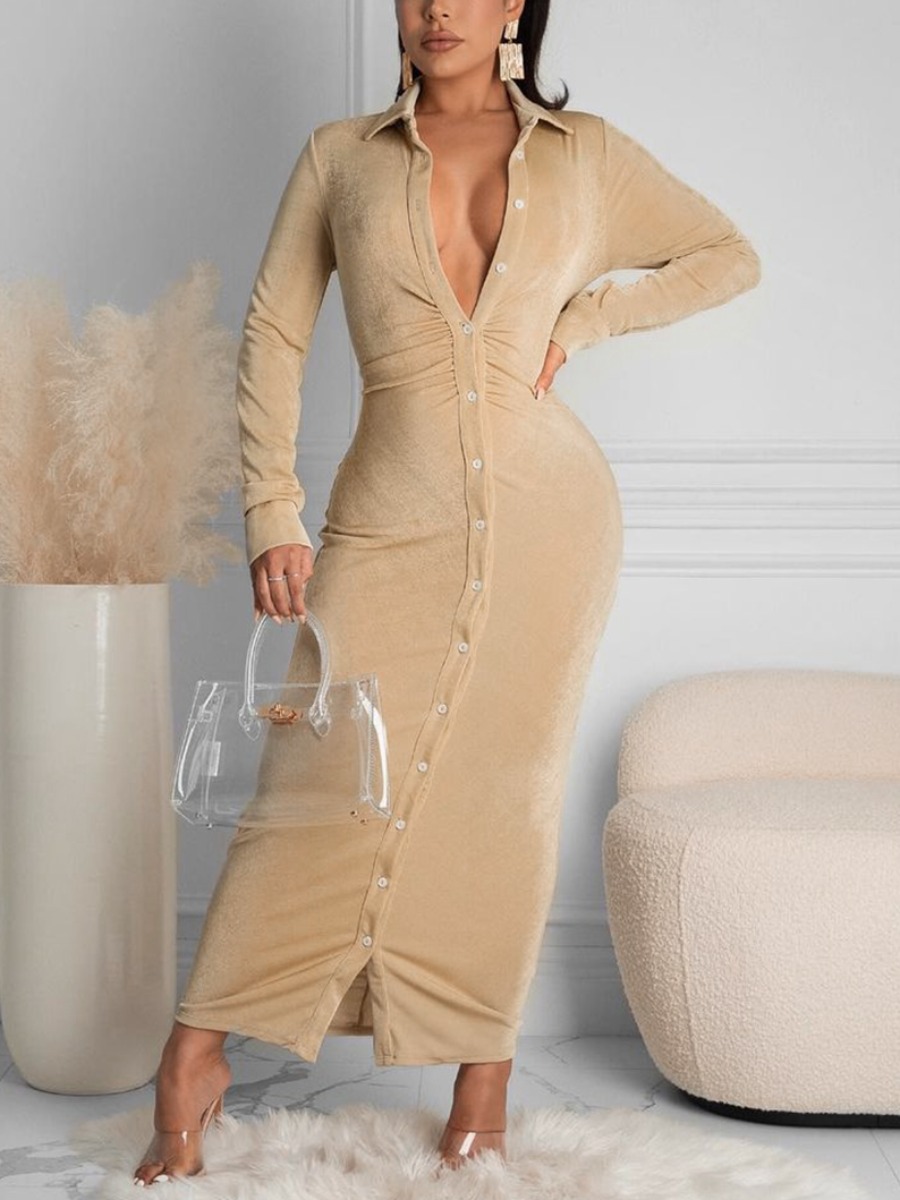 

LW Turndown Collar Button Design Dress, Khaki