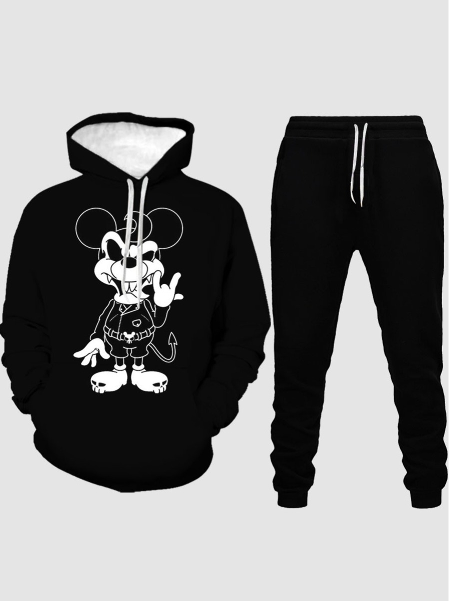 

LW Men Cartoon Print Oversized Pants Set, Black
