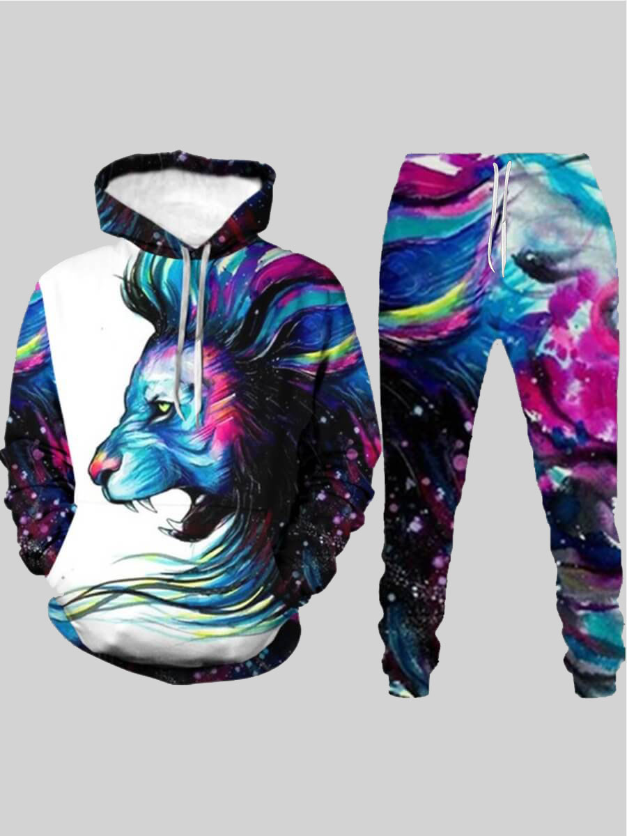 

LW Men Lion Print Tie-dye Pants Set, Multi