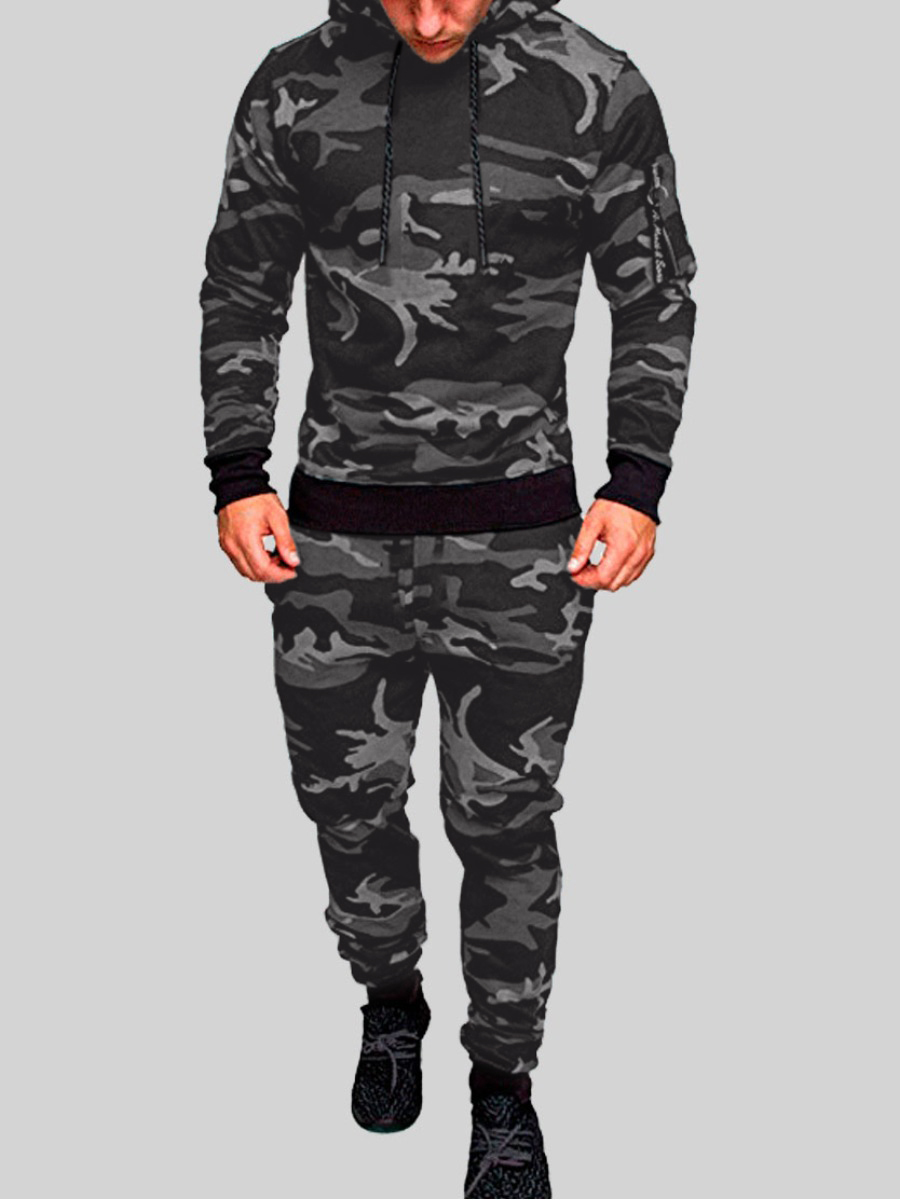 

LW Men Hooded Collar Camo Print Pants Set, Gray camouflage
