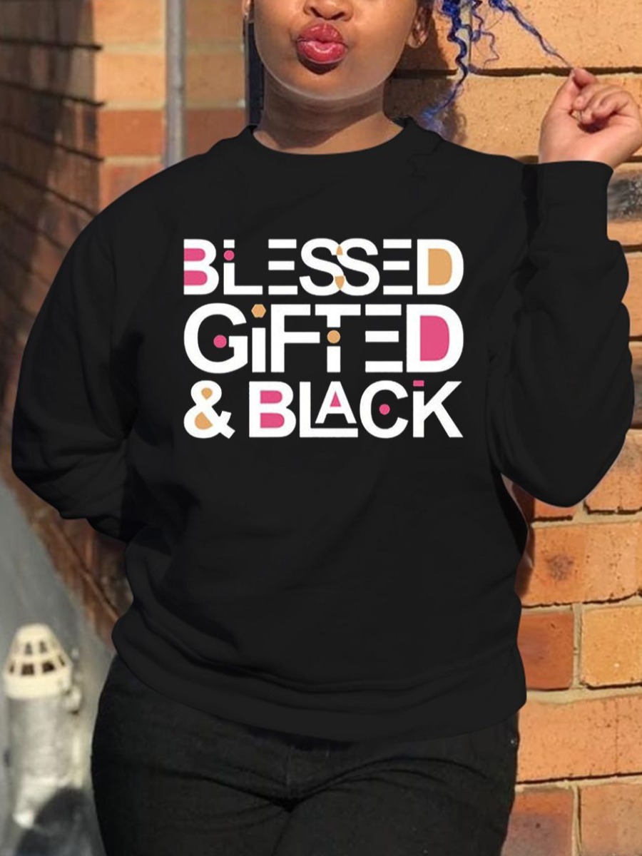 

LW Round Neck Letter Print Hoodie, Black