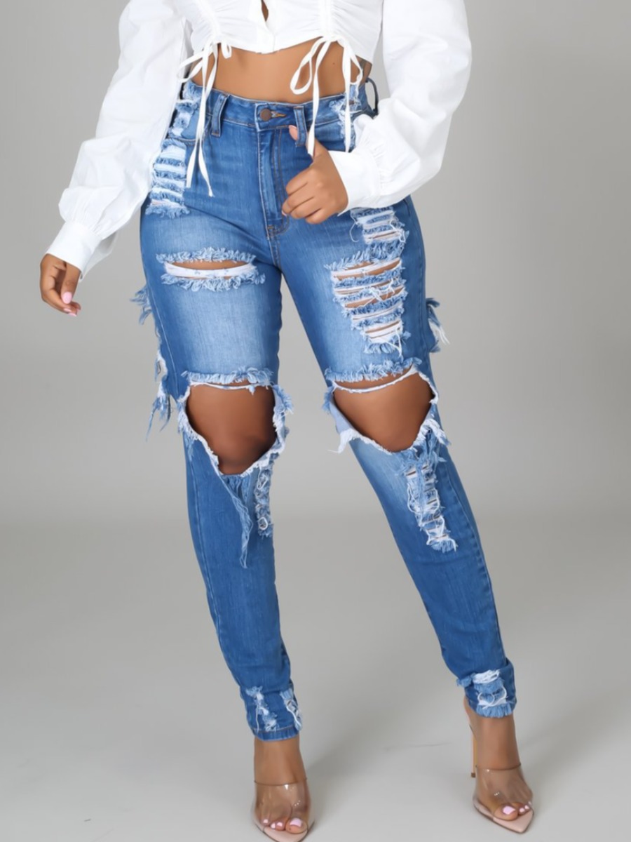 

LW High-waisted Ripped Jeans, Blue