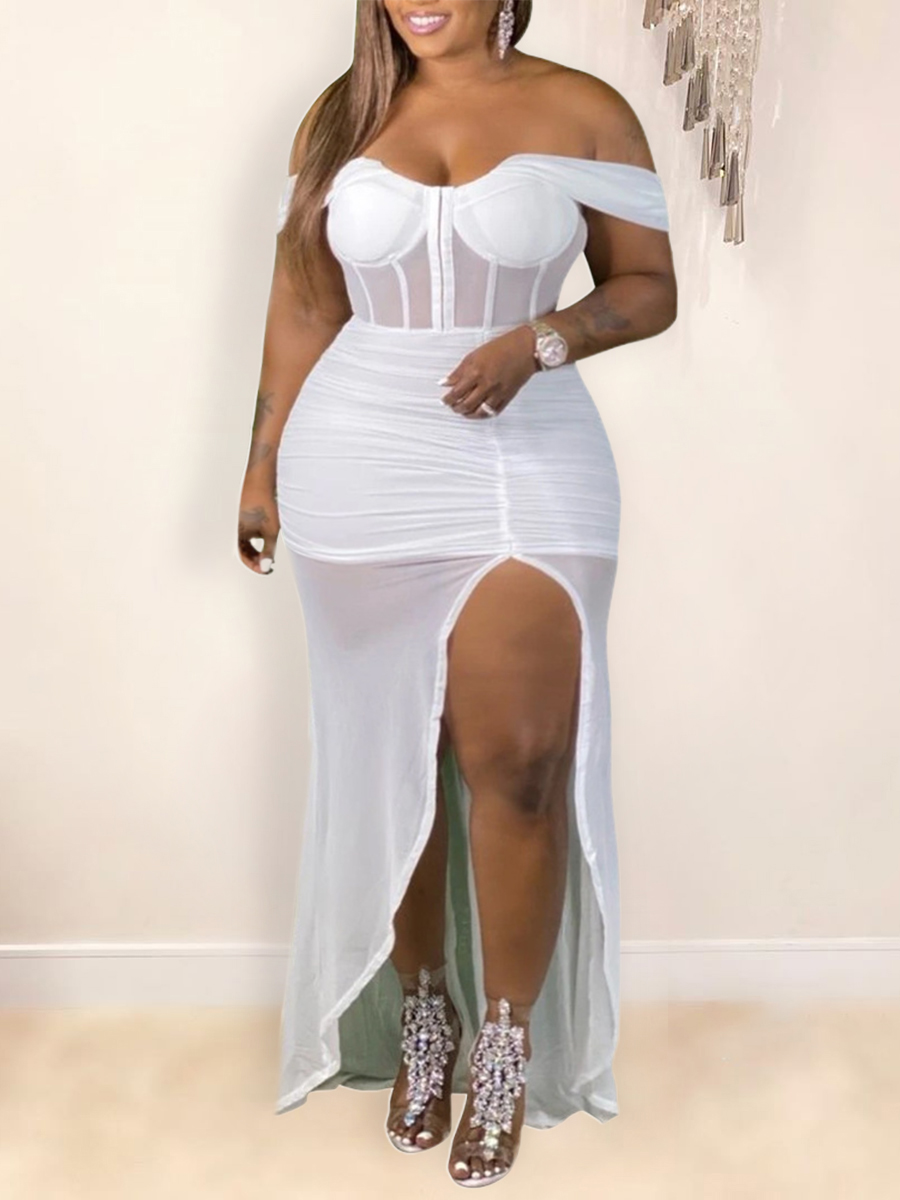 

LW Plus Size Off The Shoulder See-through Thigh Slit Dress, White