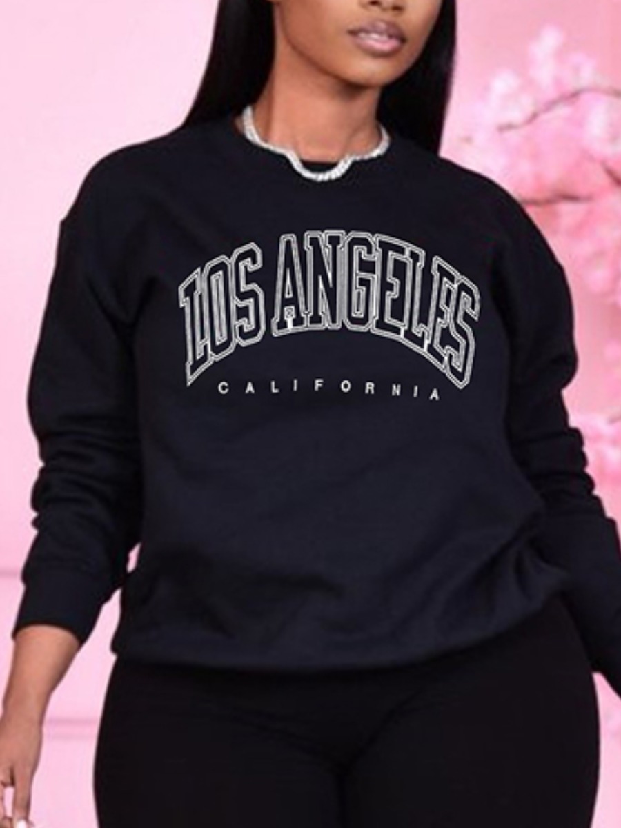 

LW Plus Size Round Neck Letter Print Hoodie, Black