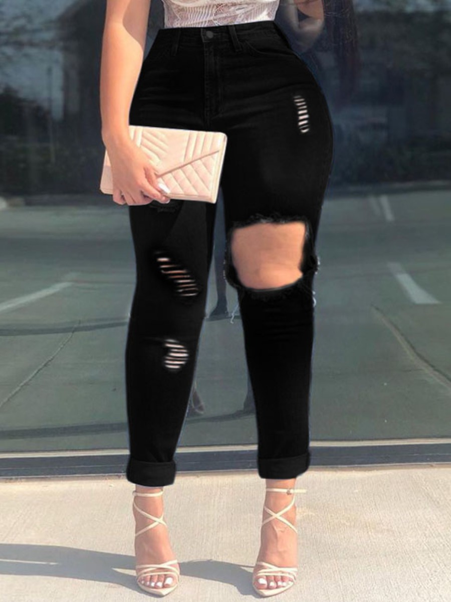 

LW Plus Size Mid Waist High Stretchy Ripped Jeans, Black