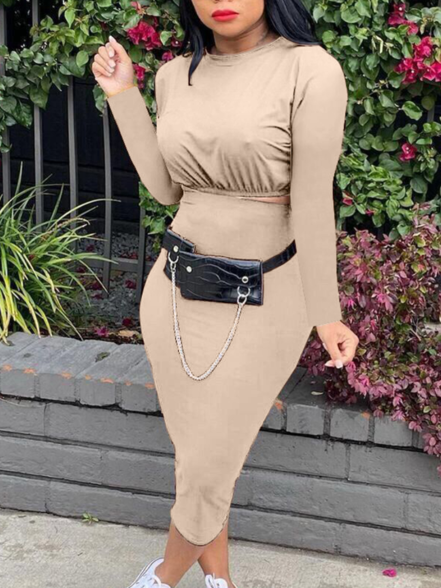 

LW Round Neck High-waisted Skirt Set, Light tan