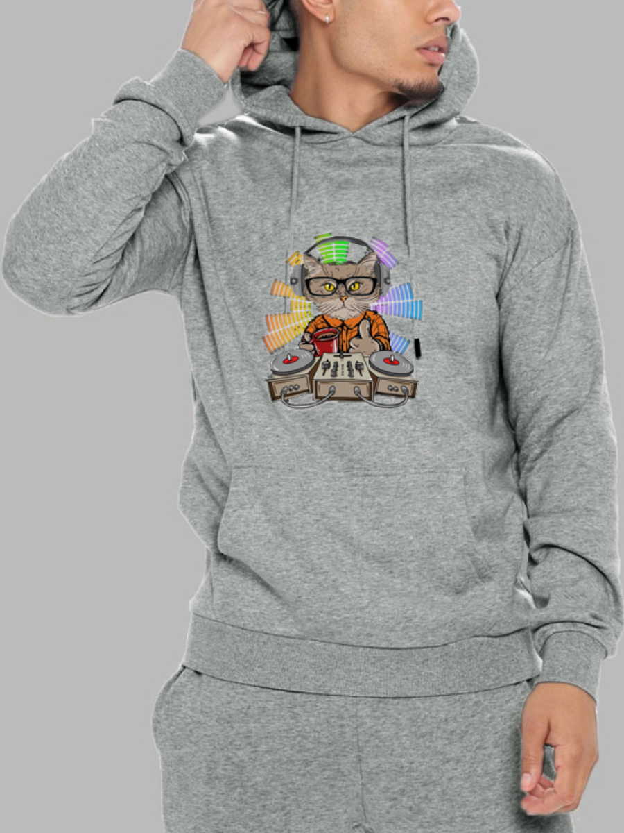 

LW Men Hooded Collar Cartoon Print Hoodie, Grey